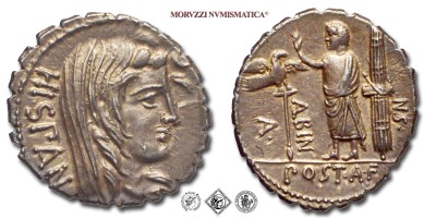 GENS POSTUMIA, A. Postumius A.f. Sp.n. Albinus, DENARIO SERRATO, 81 a.C., testa velata dell'Hispania / uomo togato tra aquila legionaria e fascio, Zecca di Roma, ARGENTO, SPL, (Crawford 372/2) / monete romane repubblicane antiche d'argento (moneta antica della Repubblica Romana) | Moruzzi Numismatica