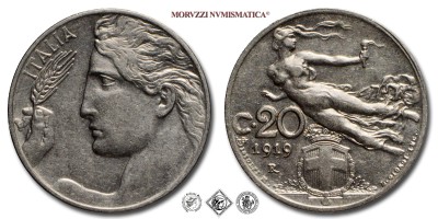 Regno d'Italia, VITTORIO EMANUELE III, CENTESIMI 20, Libertà librata, 1919, Zecca di Roma, NICHEL, mSPL, (NC), (Pagani 836) / monete italiane moderne (moneta italiana moderna - Casa Savoia) | Moruzzi Numismatica