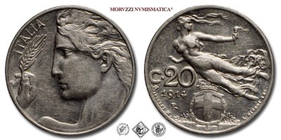 Regno d'Italia, VITTORIO EMANUELE III, CENTESIMI 20, Libertà librata, 1914, Zecca di Roma, NICHEL, qSPL, (NC), (Pagani 836) / monete italiane moderne (moneta italiana moderna - Casa Savoia) | Moruzzi Numismatica