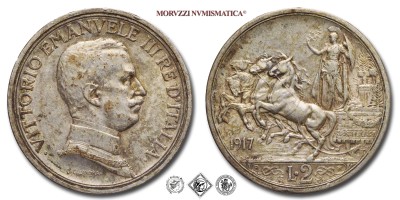 Regno d'Italia, VITTORIO EMANUELE III, LIRE 2, Quadriga briosa, 1917, Zecca di Roma, ARGENTO, mBB, (R), (Pagani 740) / monete italiane moderne rare d'argento (moneta italiana moderna rara da collezione - Casa Savoia) | Moruzzi Numismatica