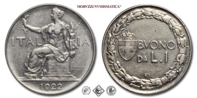 Regno d'Italia, VITTORIO EMANUELE III, BUONO DA 1 LIRA, Italia seduta, 1922, Zecca di Roma, NICHEL, q​​​​​​​SPL, (Pagani 776) / monete italiane moderne (moneta italiana moderna da collezione - Casa Savoia) | Moruzzi Numismatica