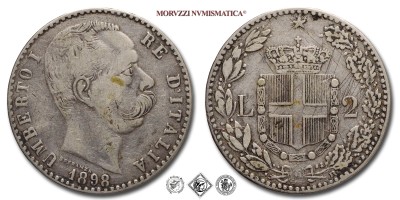 Regno d'Italia, UMBERTO I, LIRE 2, Stemma, 1898, Zecca di Roma, ARGENTO, qBB, (R), (Pagani 599) / monete italiane moderne rare d'argento (moneta italiana moderna rara da collezione - Casa Savoia) | Moruzzi Numismatica