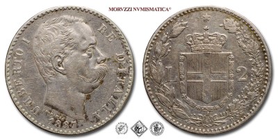 Regno d'Italia, UMBERTO I, LIRE 2, 2° tipo, 1887, Zecca di Roma, ARGENTO, BB, (Pagani 597) / monete italiane moderne d'argento (moneta italiana moderna da collezione - Casa Savoia) | Moruzzi Numismatica
