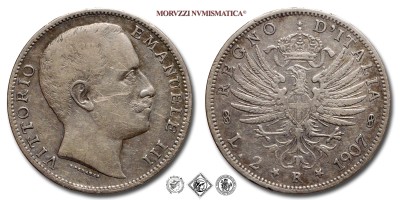 Regno d'Italia, VITTORIO EMANUELE III, LIRE 2, Aquila Sabauda, 1907, Zecca di Roma, ARGENTO, BB, (Pagani 731) / monete italiane moderne d'argento (moneta italiana moderna da collezione - Casa Savoia) | Moruzzi Numismatica