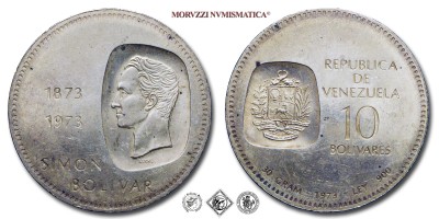Venezuela, REPUBBLICA, BOLIVARES 10, Centenario dell'effige di Simon Bolivar, 1973, Royal Canadian Mint of Ottawa, ARGENTO, FDC, (KM Y45) / REPUBLICA DE VENEZUELA CENTENARIO DE LA EFIGIE DEL LIBERTADOR EN LA MONEDA 1873-1973 monedas de plata (World SILVER coins - monete mondiali venezuelane moderne d'argento moneta mondiale venezuelana moderna) | Moruzzi Numismatica