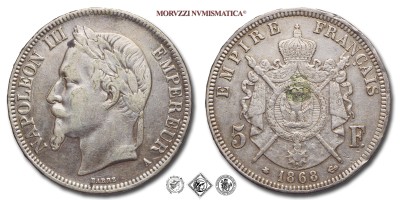 Francia, NAPOLEONE III, FRANCHI 5, 1868 A, Zecca di Parigi, ARGENTO, qBB, (Gadoury 739) / France Napoléon III Empereur des Français 5 FRANCS Paris pièces de monnaies françaises (monete mondiali europee francesi d'argento - moneta francese) | Moruzzi Numismatica