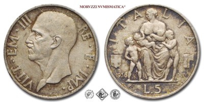 Regno d'Italia, VITTORIO EMANUELE III, LIRE 5, Fecondità (Famiglia), 1936 XIV, Zecca di Roma, ARGENTO, SPL, (Pagani 719) / monete italiane moderne d'argento (moneta italiana moderna da collezione - Casa Savoia) | Moruzzi Numismatica