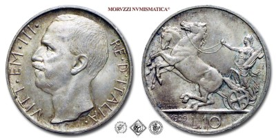 Regno d'Italia, VITTORIO EMANUELE III, LIRE 10, Biga - una rosetta, 1929, Zecca di Roma, ARGENTO, qFDC, (Pagani 694) / monete italiane moderne d'argento (moneta italiana moderna da collezione - Casa Savoia) | Moruzzi Numismatica