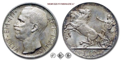 Regno d'Italia, VITTORIO EMANUELE III, LIRE 10, Biga - bordo stretto, 1926, Zecca di Roma, ARGENTO, qSPL​​​​​​​, (R), (Pagani 691) / monete italiane moderne rare d'argento (moneta italiana moderna rara da collezione - Casa Savoia) | Moruzzi Numismatica