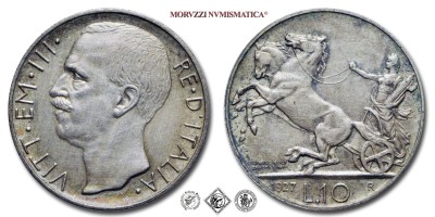 Regno d'Italia, VITTORIO EMANUELE III, LIRE 10, Biga - due rosette, 1927, Zecca di Roma, ARGENTO, mBB, (Pagani 692a) / monete italiane moderne d'argento (moneta italiana moderna da collezione - Casa Savoia) | Moruzzi Numismatica