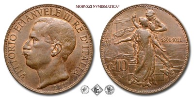 Regno d'Italia, VITTORIO EMANUELE III, CENTESIMI 10, Cinquantenario, 1911, Zecca di Roma, RAME, qSPL, (Pagani 863) / monete italiane moderne (moneta italiana moderna da collezione - Casa Savoia) | Moruzzi Numismatica