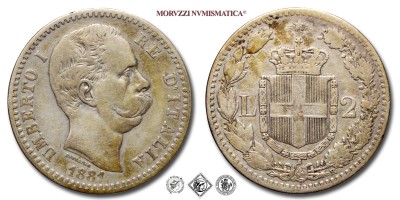 Regno d'Italia, UMBERTO I, LIRE 2, 1° tipo, 1881, Zecca di Roma, ARGENTO, BB, (Pagani 591) / monete italiane moderne d'argento (moneta italiana moderna da collezione - Casa Savoia) | Moruzzi Numismatica