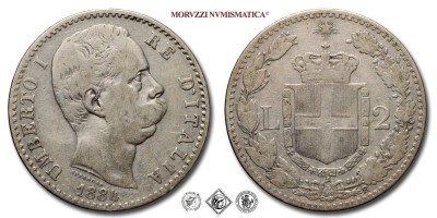 Regno d'Italia, UMBERTO I, LIRE 2, 1884, Zecca di Roma, ARGENTO, MB, (Pagani 594) / monete italiane moderne d'argento (moneta italiana moderna da collezione - Casa Savoia) | Moruzzi Numismatica