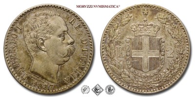 Regno d'Italia, UMBERTO I, LIRE 2, 2° tipo, 1887, Zecca di Roma, ARGENTO, mBB, (Pagani 597) / monete italiane moderne d'argento (moneta italiana moderna da collezione - Casa Savoia) | Moruzzi Numismatica