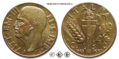 Regno d'Italia, VITTORIO EMANUELE III, CENTESIMI 10, Impero, 1943 XXI, Zecca di Roma, BRONZITAL, q​​​​​​​FDC, (Pagani 891) / monete italiane moderne (moneta italiana moderna da collezione - Casa Savoia) | Moruzzi Numismatica