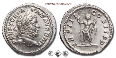 GETA, DENARIO, 211 d.C., TR P III COS II P P Giano stante di fronte con lancia e fulmine, Zecca di Roma, ARGENTO, SPL, (R), (RIC 79/S) / monete romane imperiali antiche rare d'argento (moneta romana imperiale antica rara della Dinastia dei Severi - Impero Romano) | Moruzzi Numismatica