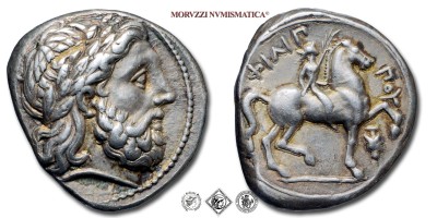 Regno di Macedonia, FILIPPO II, TETRADRAMMA, 340/36-328 a.C., testa di Zeus laureata / ΦIΛIΠΠOY cavaliere e testa gianiforme sotto alla zampa alzata, Zecca di Amphipolis, ARGENTO, mBB, (Le Rider 292 var.) / monete greche antiche d'argento (moneta greca macedone antica da collezione - Grecia) | Moruzzi Numismatica