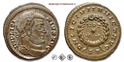 LICINIO I, PICCOLO BRONZO, 320 d.C., D N LICINI INVICT AVG corona di alloro all'interno della quale VOT XX e una stella, Zecca di Ticinum, mSPL, (RRR), (RIC 132/R4) / monete romane imperiali antiche rare (moneta romana imperiale antica rara - Impero Romano) | Moruzzi Numismatica