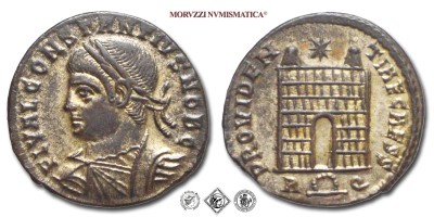 COSTANZO II, PICCOLO BRONZO, 326 d.C., PROVIDENTIAE CAESS / R corona Q porta del campo con due torri; in alto una stella, Zecca di Roma, SPL, (R), (RIC 290) / monete romane imperiali antiche rare (moneta romana imperiale antica rara - Impero Romano) | Moruzzi Numismatica