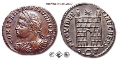 COSTANTINO II, PICCOLO BRONZO, 326 d.C., PROVIDENTIAE CAESS / R corona T porta dell'accampamento con due torri, in alto una stella, Zecca di Roma, SPL, (R), (RIC 289) / monete romane imperiali antiche rare (moneta romana imperiale antica rara - Impero Romano) | Moruzzi Numismatica
