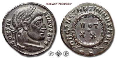 COSTANTINO I, PICCOLO BRONZO, 321 d.C., D N CONSTANTINI MAX AVG, VOT XX / R P Iscrizione in corona laurea, Zecca di Roma, ​​​​​​​SPL, (R), (RIC 232/S) / monete romane imperiali antiche rare (moneta romana imperiale antica rara - Impero Romano) | Moruzzi Numismatica