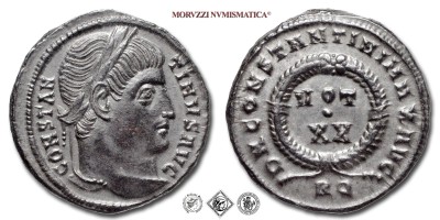 COSTANTINO I, PICCOLO BRONZO, 321 d.C., D N CONSTANTINI MAX AVG / VOT XX / RQ in corona laurea, Zecca di Roma, ​​​​​​​SPL, (RIC 237) / monete romane imperiali antiche (moneta romana imperiale antica - Impero Romano) | Moruzzi Numismatica