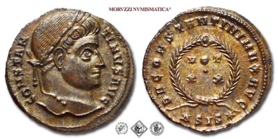 COSTANTINO I, PICCOLO BRONZO, 320-321 d.C., D N CONSTANTINI MAX AVG / VOT XX / ASIS* / in corona laurea, Zecca di Siscia, SPL, (RIC 159) / monete romane imperiali antiche (moneta romana imperiale antica - Impero Romano) | Moruzzi Numismatica