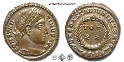 COSTANTINO I, PICCOLO BRONZO, 320-321 d.C., D N CONSTANTINI MAX AVG / VOT XX / ESIS* / in corona laurea, Zecca di Siscia, mSPL, (RIC 159) / monete romane imperiali antiche (moneta romana imperiale antica - Impero Romano) | Moruzzi Numismatica