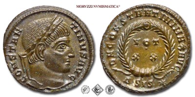 COSTANTINO I, PICCOLO BRONZO, 320-321 d.C., D N CONSTANTINI MAX AVG / VOT XX / #D#SIS* / in corona laurea, Zecca di Siscia, mSPL, (RIC 159) / monete romane imperiali antiche (moneta romana imperiale antica - Impero Romano) | Moruzzi Numismatica