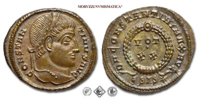 COSTANTINO I, PICCOLO BRONZO, 320-321 d.C., D N CONSTANTINI MAX AVG / VOT XX / ESIS* / in corona laurea, Zecca di Siscia, qFDC, (RIC 159) / monete romane imperiali antiche (moneta romana imperiale antica - Impero Romano) | Moruzzi Numismatica