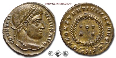 COSTANTINO I, PICCOLO BRONZO, 320-321 d.C., D N CONSTANTINI MAX AVG / VOT XX / ESIS* / in corona laurea, Zecca di Siscia, qFDC, (RIC 159) / monete romane imperiali antiche (moneta romana imperiale antica - Impero Romano) | Moruzzi Numismatica