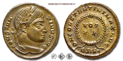 COSTANTINO I, PICCOLO BRONZO, 320-321 d.C., D N CONSTANTINI MAX AVG / VOT XX / BSIS* / in corona laurea, Zecca di Siscia, qFDC, (RIC 159) / monete romane imperiali antiche (moneta romana imperiale antica - Impero Romano) | Moruzzi Numismatica