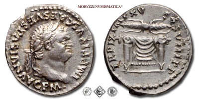 TITO, DENARIO, 80 d.C., TR P IX IMP XV COS VIII P P fulmine alato su trono, Zecca di Roma, ARGENTO, SPL, (RIC 119) / monete romane imperiali antiche d'argento (moneta romana imperiale antica della dinastia Flavia - Impero Romano) | Moruzzi Numismatica