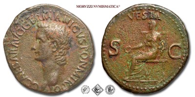 CALIGOLA, ASSE, 37-38 d.C., VESTA / S C Vesta velata seduta con patera e scettro, Zecca di Roma, BRONZO, mBB, (RIC 38) / monete romane imperiali antiche (moneta romana imperiale antica -Impero Romano) | Moruzzi Numismatica