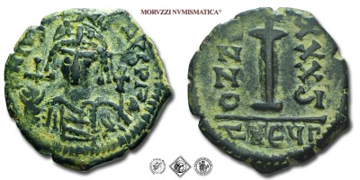 GIUSTINIANO I, DECANUMMO, 527-565 d.C., grande I, a sinistra ANNO, a destra XXXYII, in esergo THEyP, Zecca di Antiochia, BRONZO, BB, (Sear 239) / monete bizantine antiche (moneta bizantina antica da collezione - Impero Bizantino) | Moruzzi Numismatica
