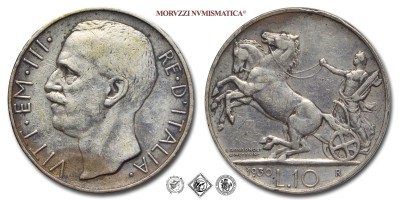 Regno d'Italia, VITTORIO EMANUELE III, LIRE 10, Biga, 1930, Zecca di Roma, ARGENTO, mBB​​​​​​​, (R), (Pagani 695) / monete italiane moderne rare d'argento (moneta italiana moderna rara da collezione - Casa Savoia) | Moruzzi Numismatica