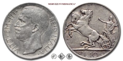 Regno d'Italia, VITTORIO EMANUELE III, LIRE 10, Biga - due rosette, 1927, Zecca di Roma, ARGENTO, MB, (Pagani 692a) / monete italiane moderne d'argento (moneta italiana moderna da collezione - Casa Savoia) | Moruzzi Numismatica