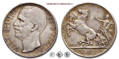Regno d'Italia, VITTORIO EMANUELE III, LIRE 10, Biga - due rosette, 1927, Zecca di Roma, ARGENTO, MB, (Pagani 692a) / monete italiane moderne d'argento (moneta italiana moderna da collezione - Casa Savoia) | Moruzzi Numismatica