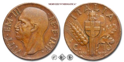 Regno d'Italia, VITTORIO EMANUELE III, CENTESIMI 10, Impero 1° tipo, 1938 XVI, Zecca di Roma, RAME, MB, (Pagani 885) / monete italiane moderne (moneta italiana moderna da collezione - Casa Savoia) | Moruzzi Numismatica