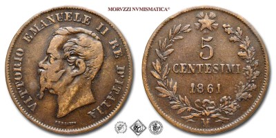 Regno d'Italia, VITTORIO EMANUELE II, CENTESIMI 5, 1861 M, Zecca di Milano, RAME, BB, (Pagani 552) / monete italiane moderne (moneta italiana moderna da collezione - Casa Savoia) | Moruzzi Numismatica