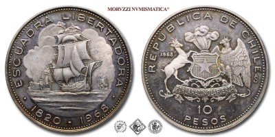 Cile, REPUBBLICA, PESOS 10, Arrivo della Flotta di Liberazione nel 1820 al comando di Lord Cochrane, 1968, ARGENTO, FDC, (R), (KM 183) / República de Chile ESCUADRA LIBERTADORA monedas de plata (World Silver coins - monete mondiali d'argento - moneta da collezione) | Moruzzi Numismatica