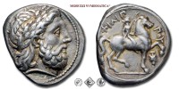 Regno di Macedonia, FILIPPO II, TETRADRAMMA, 340/36-328 a.C., testa di Zeus laureata / ΦIΛIΠΠOY cavaliere e testa gianiforme sotto alla zampa alzata, Zecca di Amphipolis, ARGENTO, mBB, (Le Rider 292 var.) / monete greche antiche d'argento (moneta greca macedone antica da collezione - Grecia) | Moruzzi Numismatica