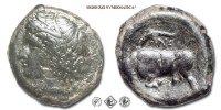 Sicilia, SIRACUSA, Agatocle, BRONZO, 317-289 a.C., ΣYRAKOΣIΩN testa di Kore con corona di spighe di grano / toro cozzante e in alto delfino e monogramma NK, Zecca di Siracusa, BB, (R), (Calciati 96) / monete greche siciliane siracusane antiche rare (moneta greca siciliana siracusana antica) | Moruzzi Numismatica