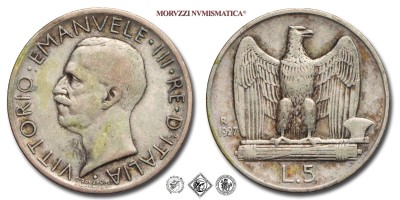 Regno d'Italia, VITTORIO EMANUELE III, LIRE 5, Aquilotto (Aquilino) - due rosette, 1927, Zecca di Roma, ARGENTO, BB, (Pagani 710a) / monete italiane moderne d'argento (monete italiana moderna da collezione - Casa Savoia) | Moruzzi Numismatica