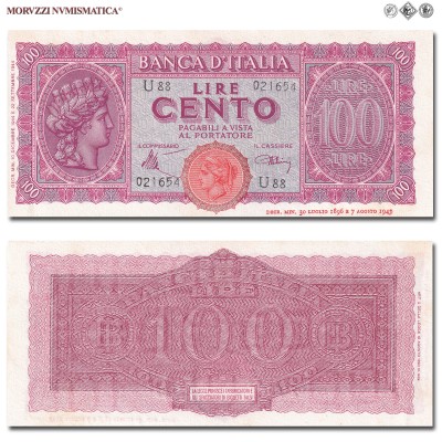 Italia, Luogotenenza, BANCA D'ITALIA, LIRE 100, Italia turrita, 10.12.1944, Firme: Introna, Urbini, FDS, (Crapanzano 260A) / banconote italiane (cartamoneta italiana da collezione - banconota da cento lire) | Moruzzi Numismatica