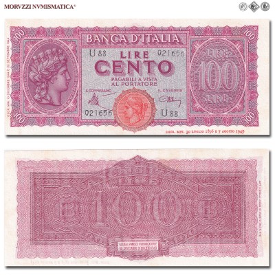 Italia, Luogotenenza, BANCA D'ITALIA, LIRE 100, Italia turrita, 10.12.1944, Firme: Introna, Urbini, FDS, (Crapanzano 260A) / banconote italiane (cartamoneta italiana da collezione - banconota da cento lire) | Moruzzi Numismatica