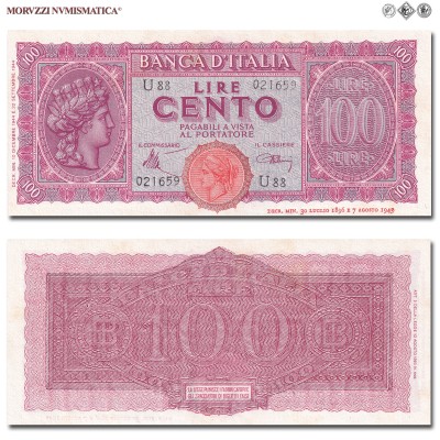 Italia, Luogotenenza, BANCA D'ITALIA, LIRE 100, Italia turrita, 10.12.1944, Firme: Introna, Urbini, FDS, (Crapanzano 260A) / banconote italiane (cartamoneta italiana da collezione - banconota da cento lire) | Moruzzi Numismatica