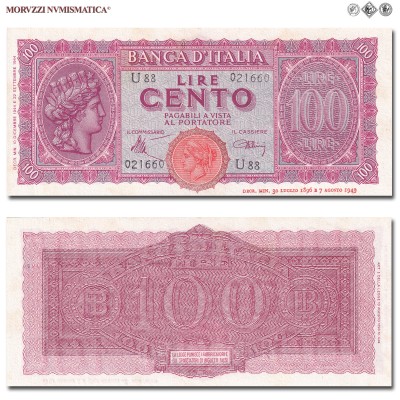 Italia, Luogotenenza, BANCA D'ITALIA, LIRE 100, Italia turrita, 10.12.1944, Firme: Introna, Urbini, FDS, (Crapanzano 260A) / banconote italiane (cartamoneta italiana da collezione - banconota da cento lire) | Moruzzi Numismatica