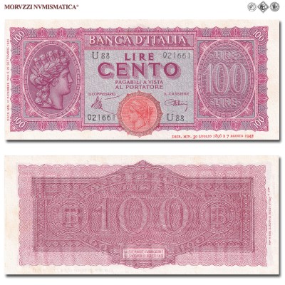 Italia, Luogotenenza, BANCA D'ITALIA, LIRE 100, Italia turrita, 10.12.1944, Firme: Introna, Urbini, FDS, (Crapanzano 260A) / banconote italiane (cartamoneta italiana da collezione - banconota da cento lire) | Moruzzi Numismatica