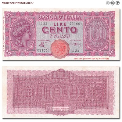 Italia, Luogotenenza, BANCA D'ITALIA, LIRE 100, Italia turrita, 10.12.1944, Firme: Introna, Urbini, FDS, (Crapanzano 260A) / banconote italiane (cartamoneta italiana da collezione - banconota da cento lire) | Moruzzi Numismatica